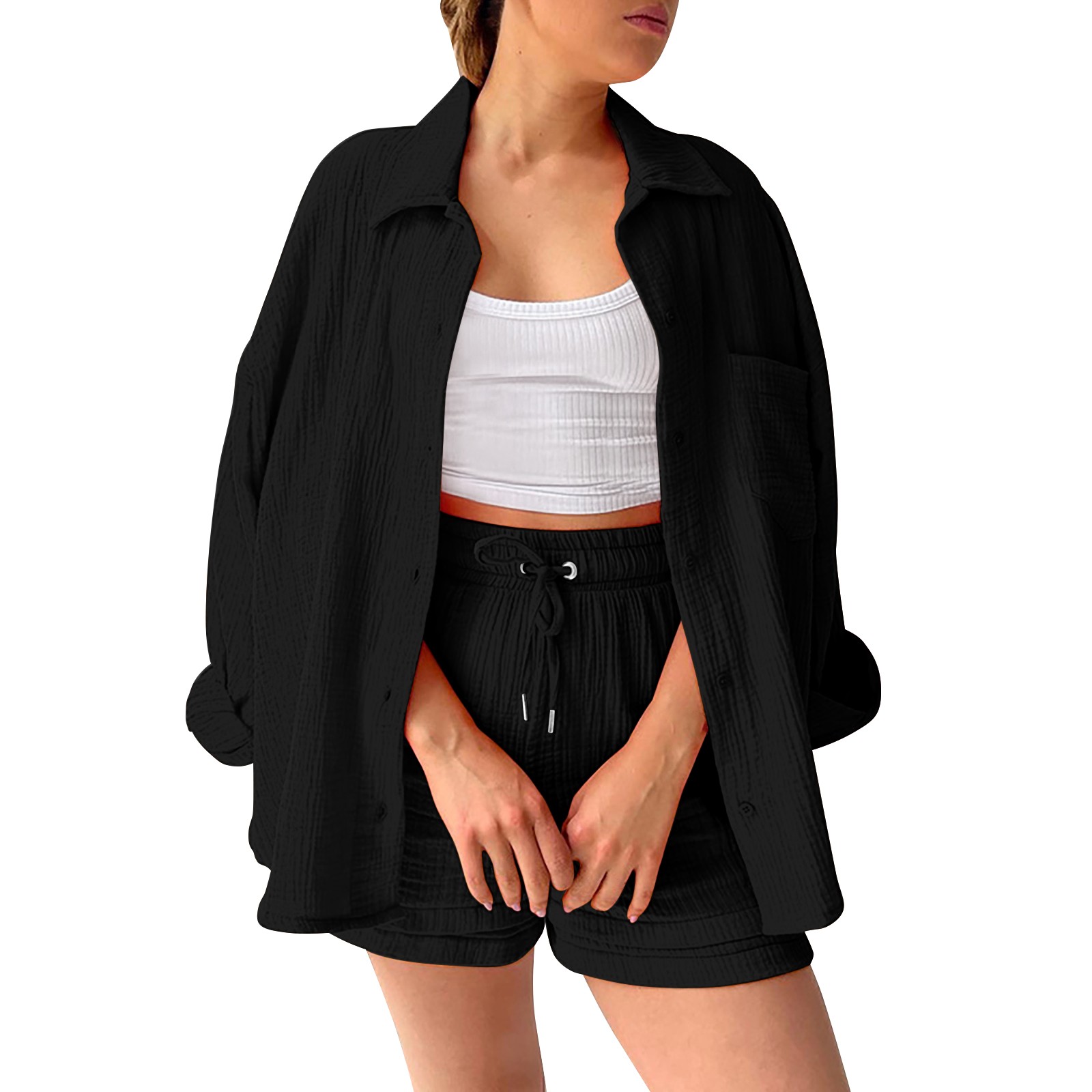 thumbnail image 2 of Conjunto de camisa holgada de solapa y un solo pecho + pantalones rectos de cintura alta para mujer - Mezcla de algodón, transpirable, mangas 7/8, 2 of 4